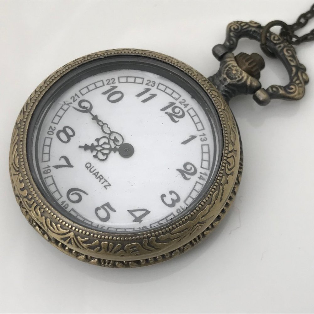 Pocket Watch Necklace Quartz Analog Brass Tone - Picture 1 of 12